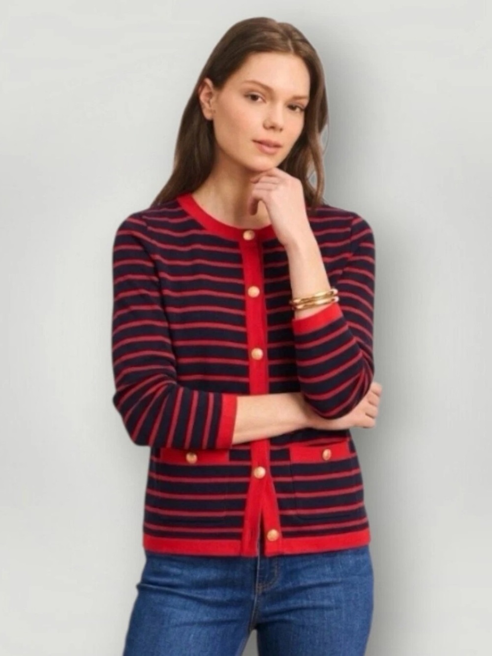 Talbots Cardigan M Navy Blue Red Striped Gold Buttons Preppy Academia, Work EUC